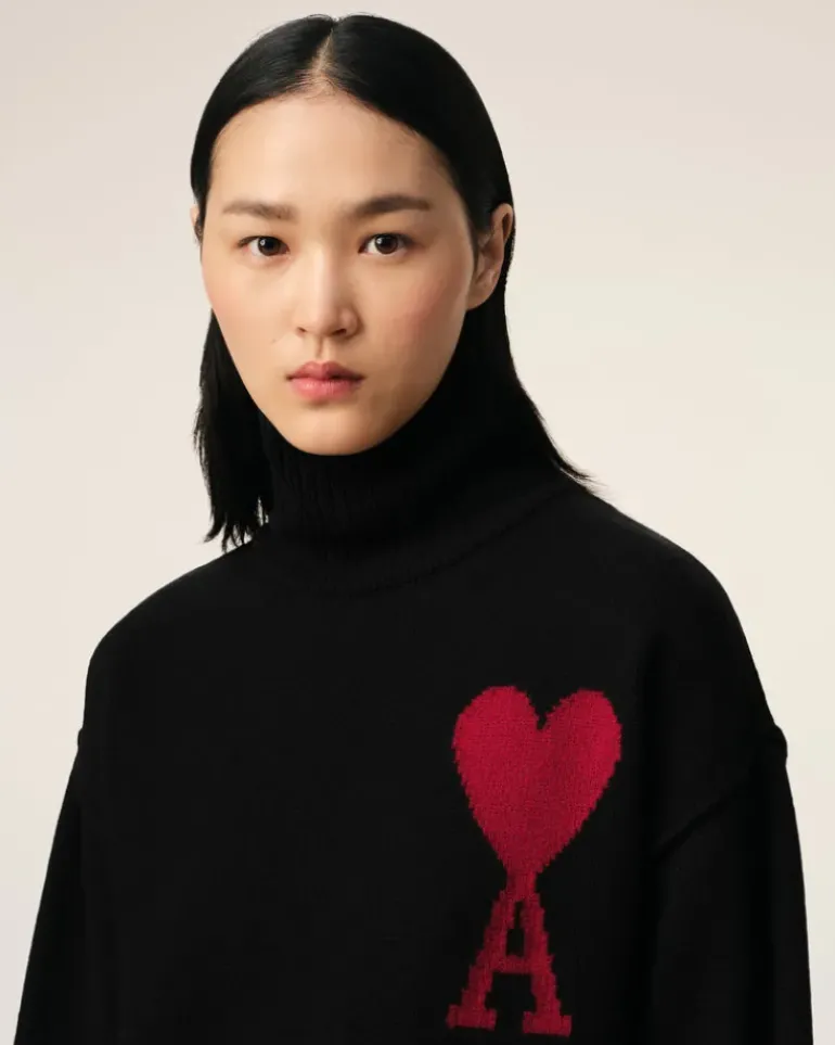 Ami Paris Black Wool Ami de Coeur Sweater BLACK/RED Cheap