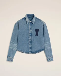 Ami Paris Blue Cotton Ami de Coeur Cropped Shirt USED BLUE Clearance
