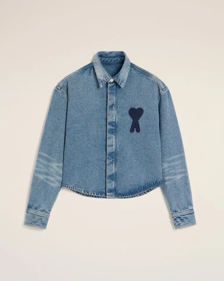 Ami Paris Blue Cotton Ami de Coeur Cropped Shirt USED BLUE Clearance