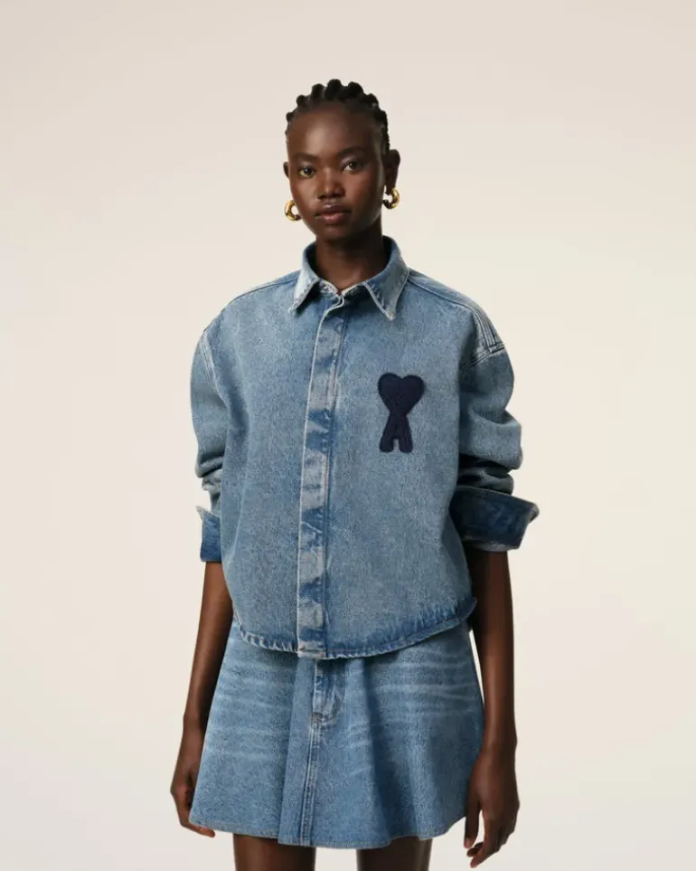 Ami Paris Blue Cotton Ami de Coeur Cropped Shirt USED BLUE Clearance