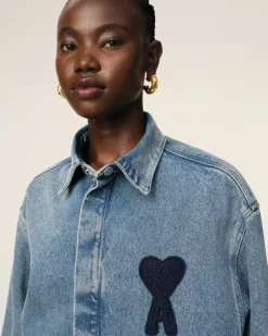 Ami Paris Blue Cotton Ami de Coeur Cropped Shirt USED BLUE Clearance