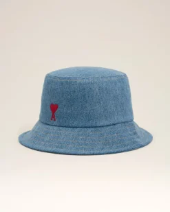 Ami Paris Blue Cotton Ami de Coeur Embroidery Bucket Hat USED BLUE Outlet