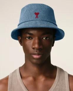 Ami Paris Blue Cotton Ami de Coeur Embroidery Bucket Hat USED BLUE Outlet