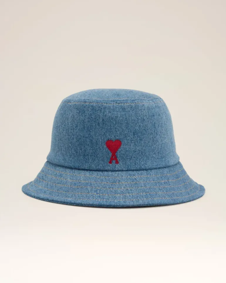 Ami Paris Blue Cotton Ami de Coeur Embroidery Bucket Hat USED BLUE Outlet