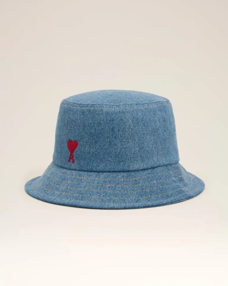 Ami Paris Blue Cotton Ami de Coeur Embroidery Bucket Hat USED BLUE Outlet