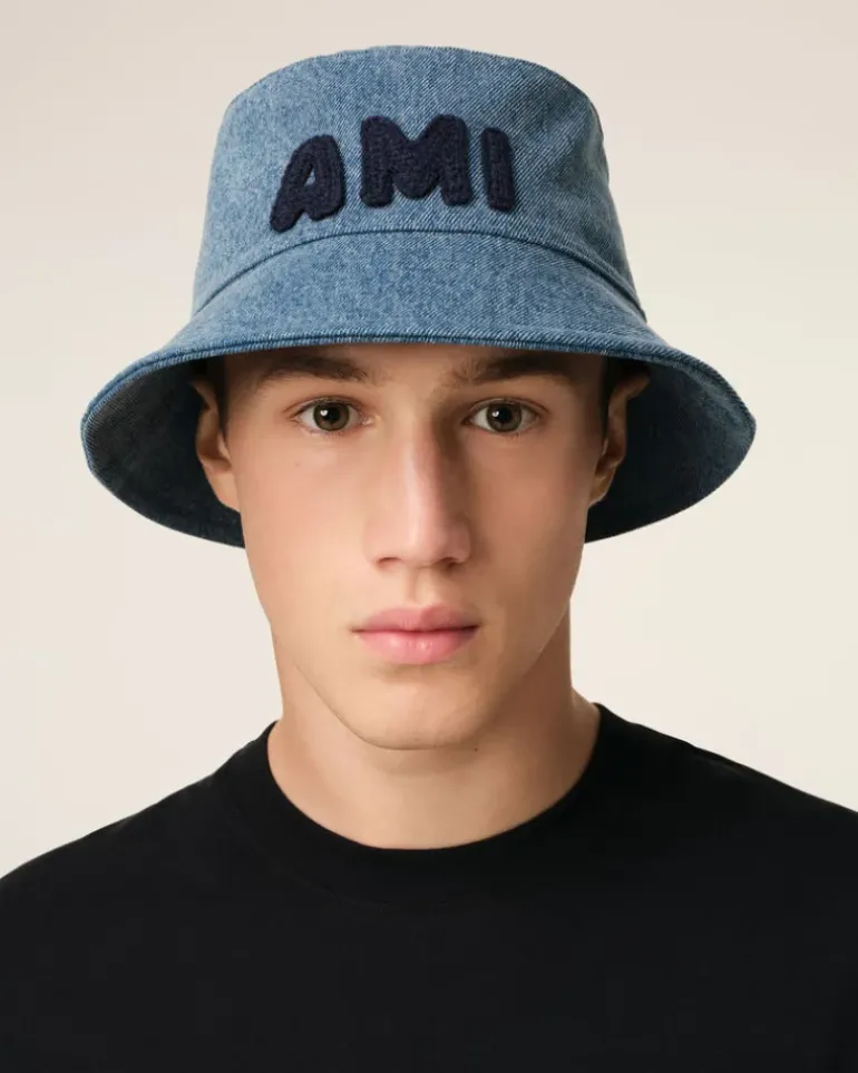 Ami Paris Blue Cotton Patch Bucket Hat USED BLUE Cheap