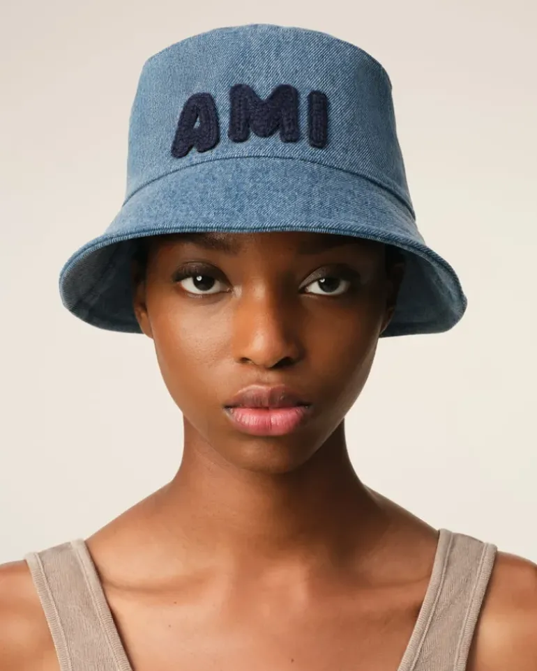 Ami Paris Blue Cotton Patch Bucket Hat USED BLUE Cheap