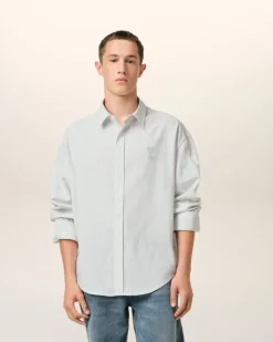 Ami Paris Blue Cotton Boxy Fit Shirt WHITE/BLUE NOTE Best Sale