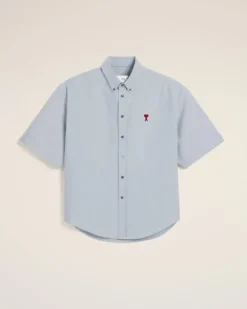 Ami Paris Blue Cotton Boxy Fit Short Sleeves Shirt BLUE NOTE Clearance