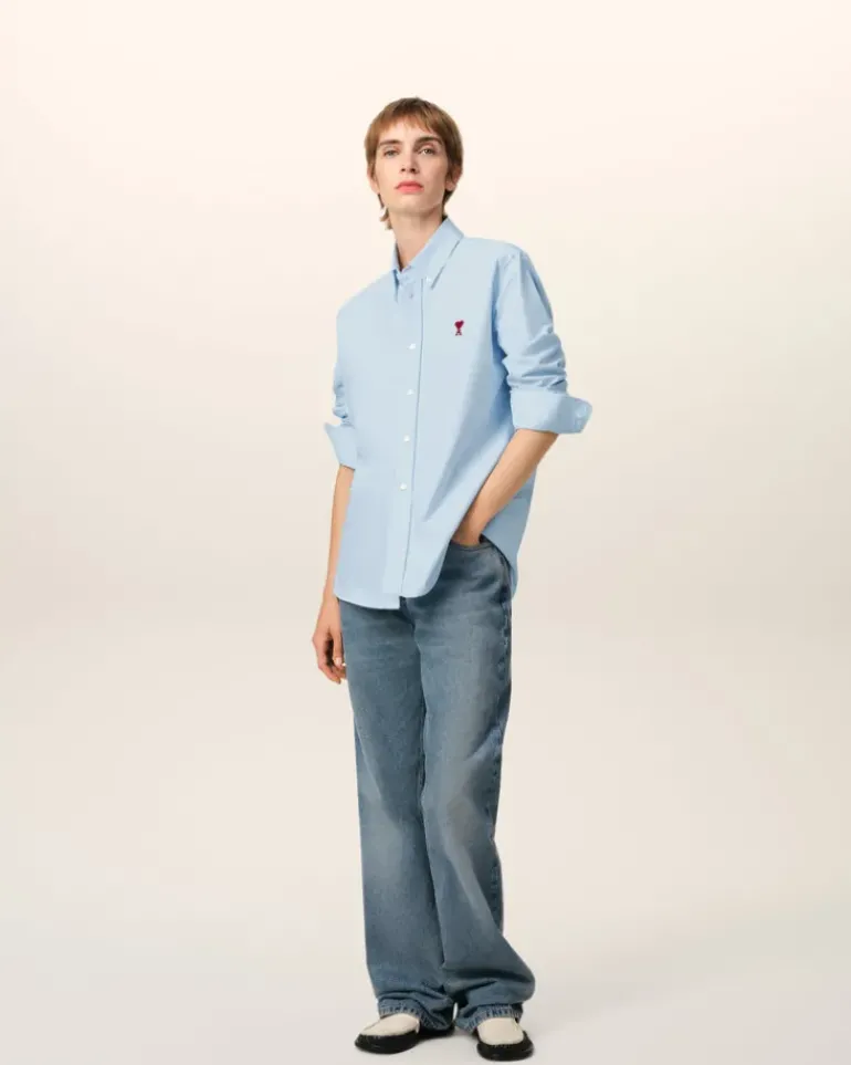 Ami Paris Blue Cotton Button-Down Ami de Coeur Shirt SKY BLUE Best Sale