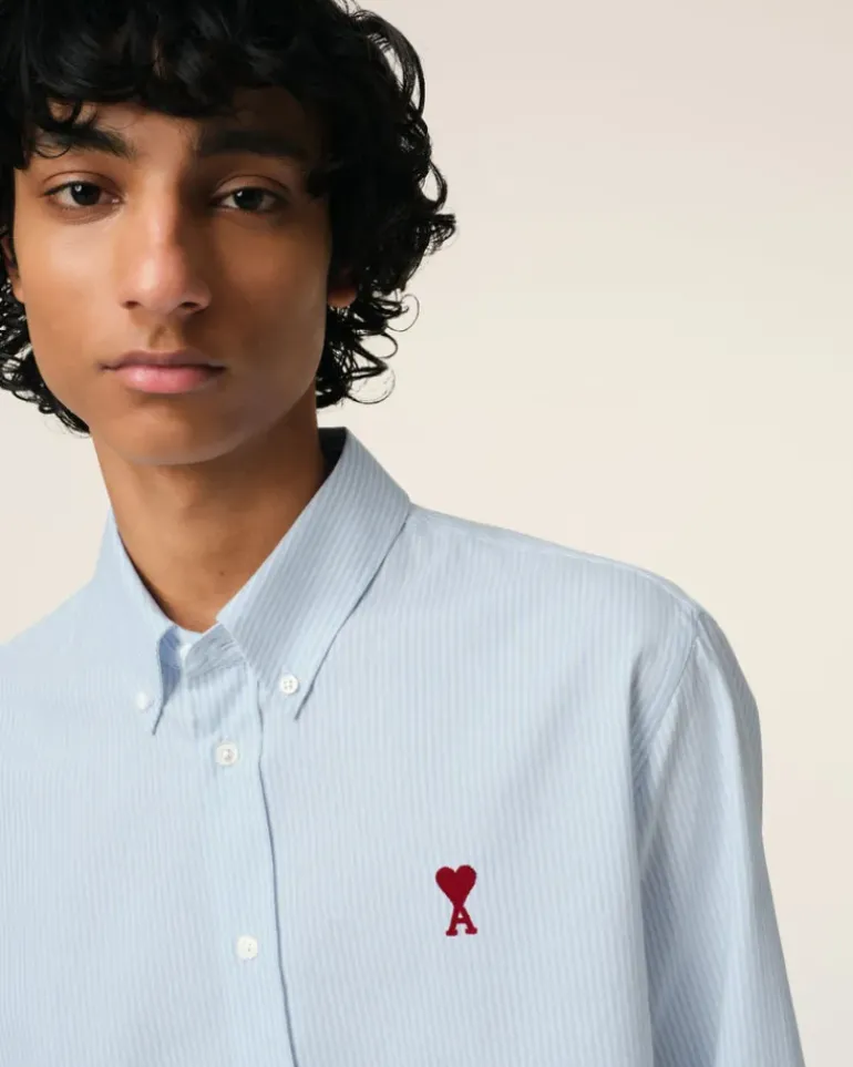 Ami Paris Blue Cotton Button-Down Ami de Coeur Shirt SKY BLUE/NATURAL WHITE Fashion