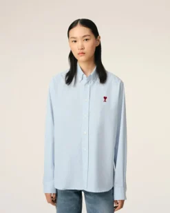 Ami Paris Blue Cotton Button-Down Ami de Coeur Shirt SKY BLUE/NATURAL WHITE Fashion
