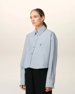 Ami Paris Blue Cotton Button-Down Cropped Oversized Shirt BLUE NOTE Hot