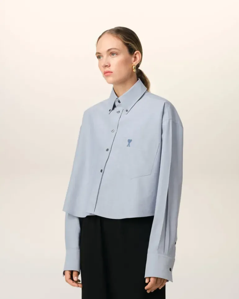 Ami Paris Blue Cotton Button-Down Cropped Oversized Shirt BLUE NOTE Hot