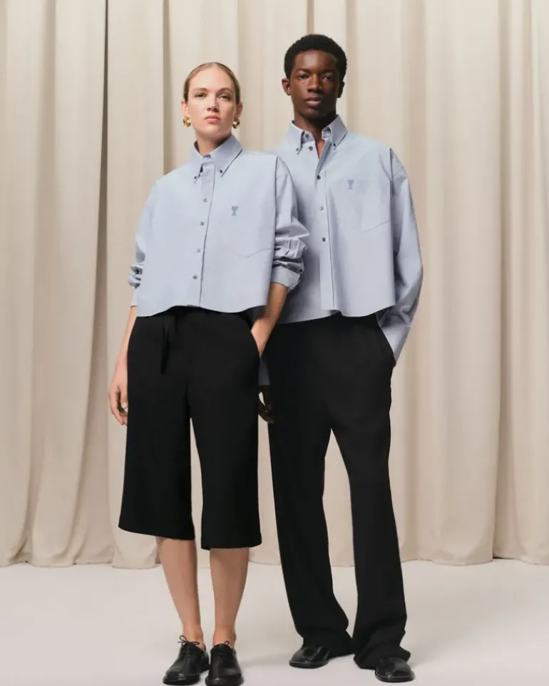 Ami Paris Blue Cotton Button-Down Cropped Oversized Shirt BLUE NOTE Hot