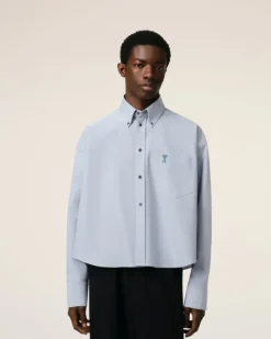 Ami Paris Blue Cotton Button-Down Cropped Oversized Shirt BLUE NOTE Hot