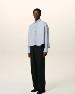 Ami Paris Blue Cotton Button-Down Cropped Oversized Shirt BLUE NOTE Hot