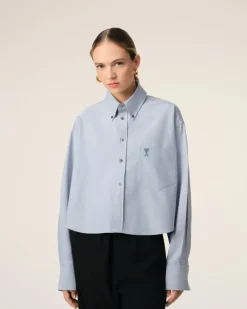 Ami Paris Blue Cotton Button-Down Cropped Oversized Shirt BLUE NOTE Hot