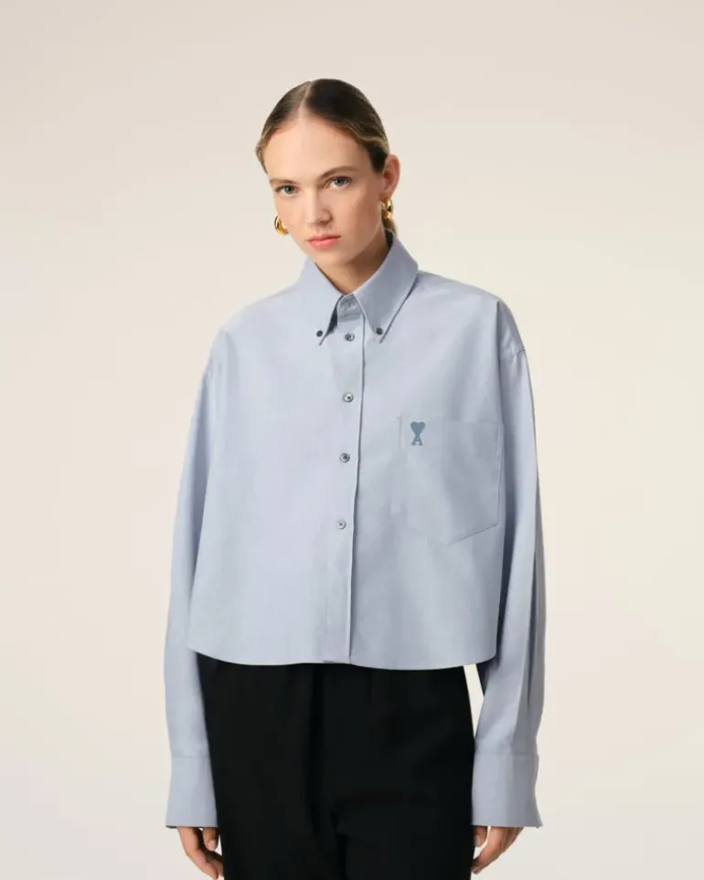 Ami Paris Blue Cotton Button-Down Cropped Oversized Shirt BLUE NOTE Hot