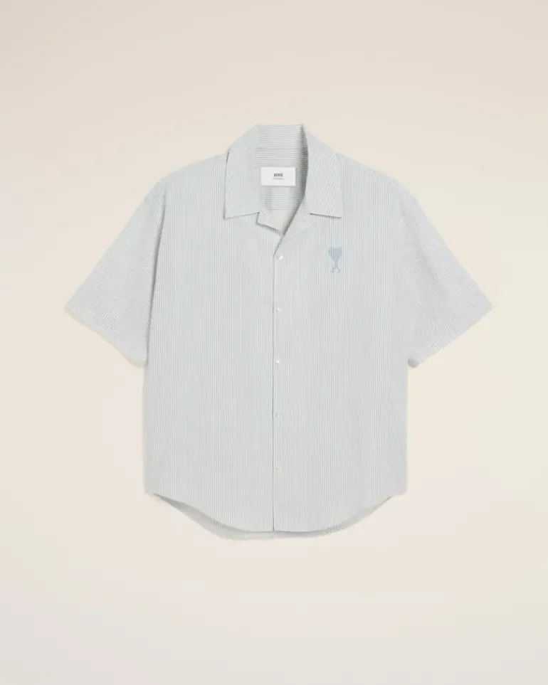 Ami Paris Blue Cotton Camp Collar Short Sleeves Shirt WHITE/BLUE NOTE Shop