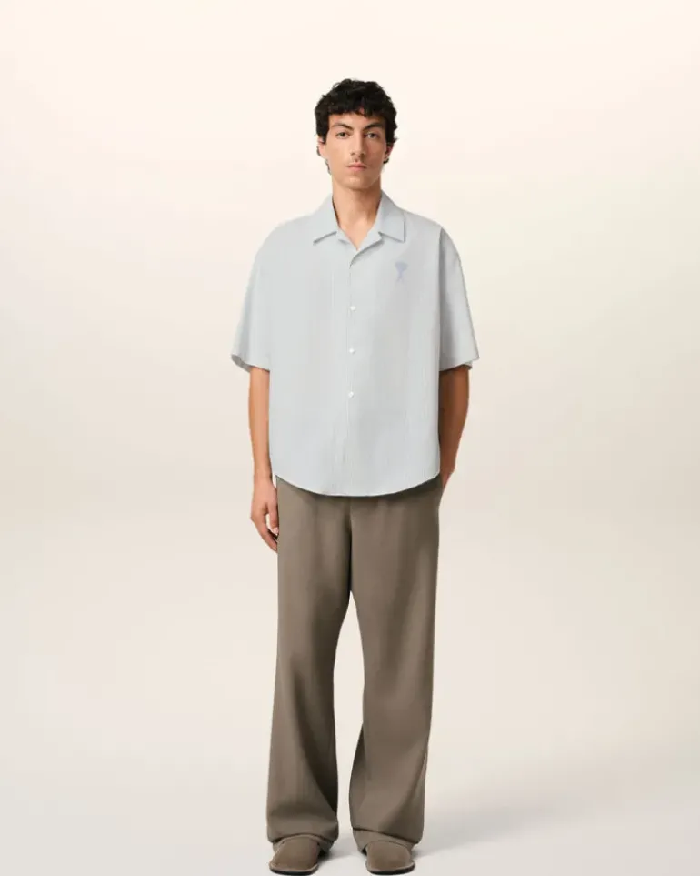 Ami Paris Blue Cotton Camp Collar Short Sleeves Shirt WHITE/BLUE NOTE Shop