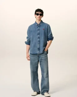 Ami Paris Blue Denim Button-Down Ami de Coeur Shirt USED BLUE Discount