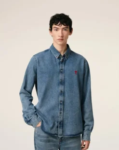 Ami Paris Blue Denim Button-Down Ami de Coeur Shirt USED BLUE Discount