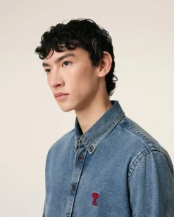 Ami Paris Blue Denim Button-Down Ami de Coeur Shirt USED BLUE Discount