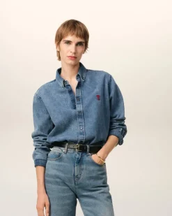 Ami Paris Blue Denim Button-Down Ami de Coeur Shirt USED BLUE Discount