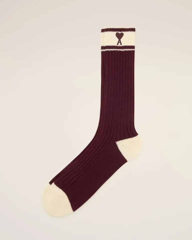 Ami Paris Burgundy Cotton Ami de Coeur Striped Socks EGGPLANT/WHITE CREAM Fashion