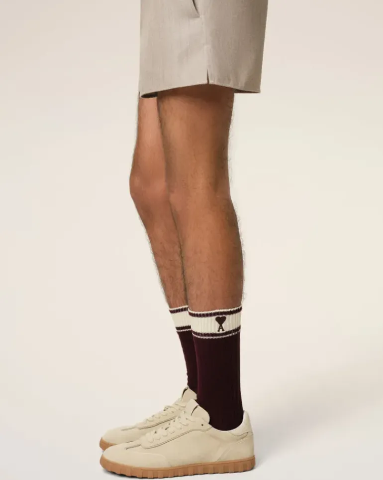 Ami Paris Burgundy Cotton Ami de Coeur Striped Socks EGGPLANT/WHITE CREAM Fashion