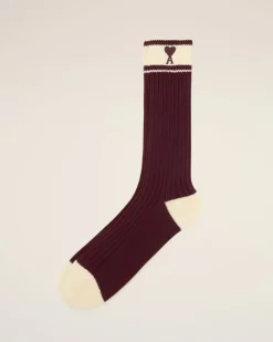 Ami Paris Burgundy Cotton Ami de Coeur Striped Socks EGGPLANT/WHITE CREAM Fashion