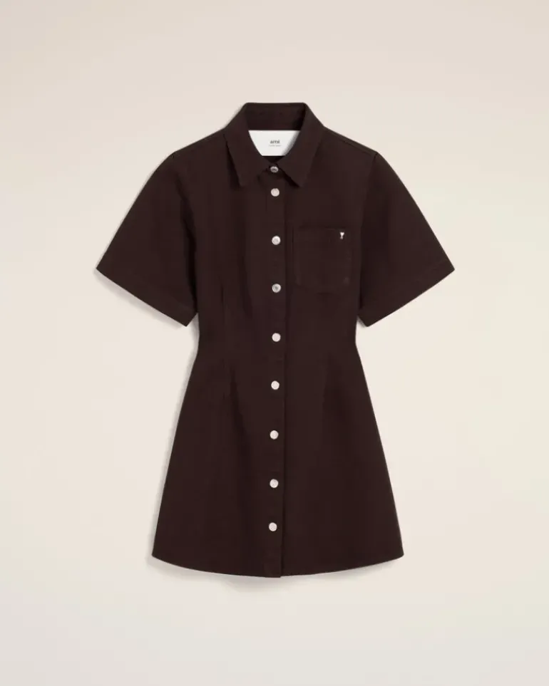 Ami Paris Burgundy Cotton Short Sleeve Shirt Dress EGGPLANT Shop