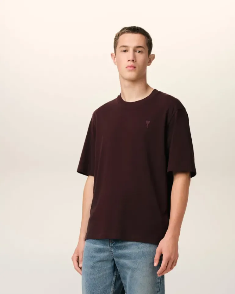Ami Paris Burgundy Cotton Tonal Ami de Coeur T-Shirt EGGPLANT Flash Sale