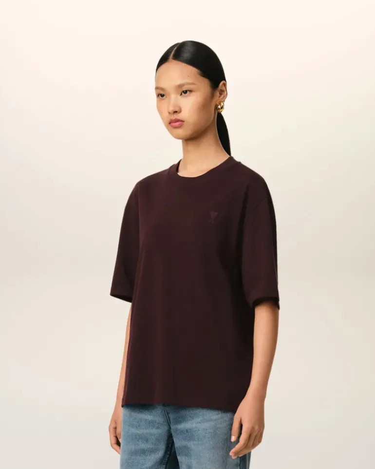Ami Paris Burgundy Cotton Tonal Ami de Coeur T-Shirt EGGPLANT Flash Sale