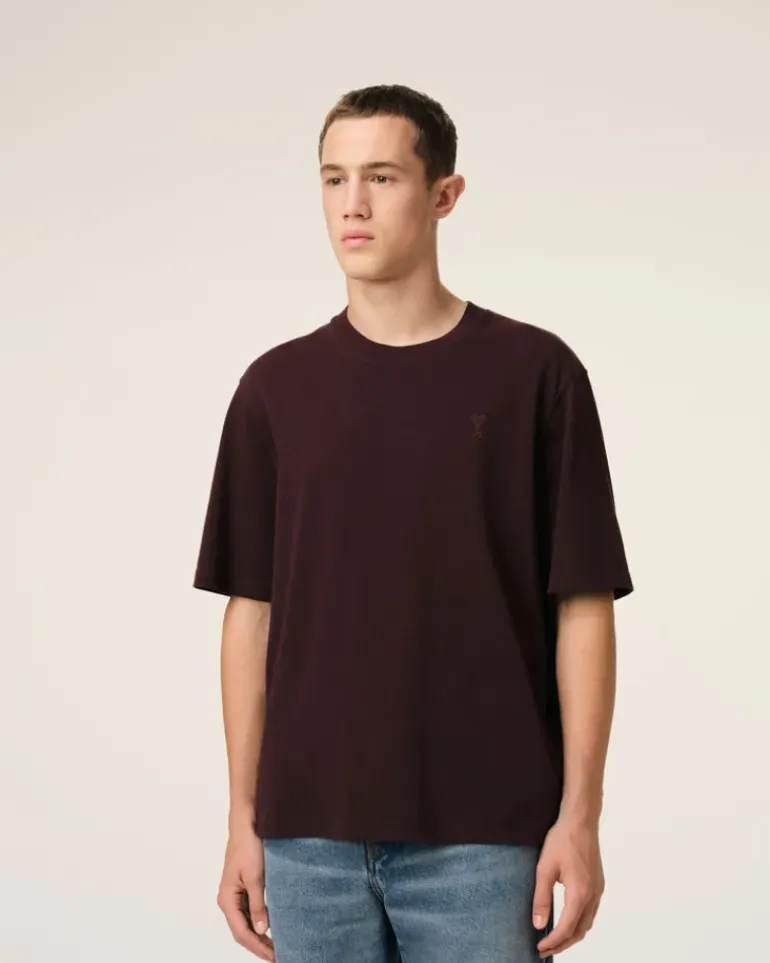 Ami Paris Burgundy Cotton Tonal Ami de Coeur T-Shirt EGGPLANT Flash Sale