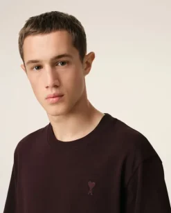 Ami Paris Burgundy Cotton Tonal Ami de Coeur T-Shirt EGGPLANT Flash Sale