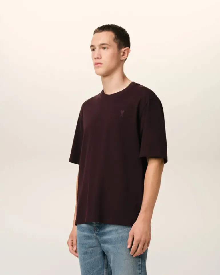 Ami Paris Burgundy Cotton Tonal Ami de Coeur T-Shirt EGGPLANT Flash Sale