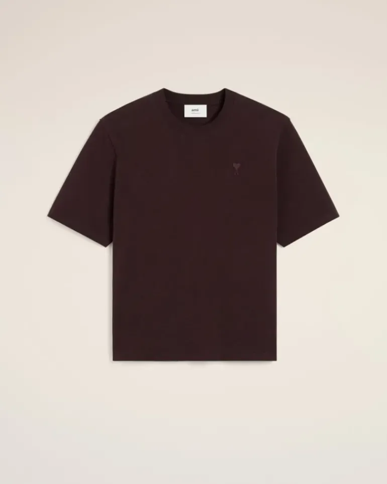 Ami Paris Burgundy Cotton Tonal Ami de Coeur T-Shirt EGGPLANT Flash Sale