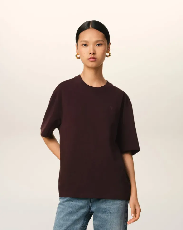 Ami Paris Burgundy Cotton Tonal Ami de Coeur T-Shirt EGGPLANT Flash Sale
