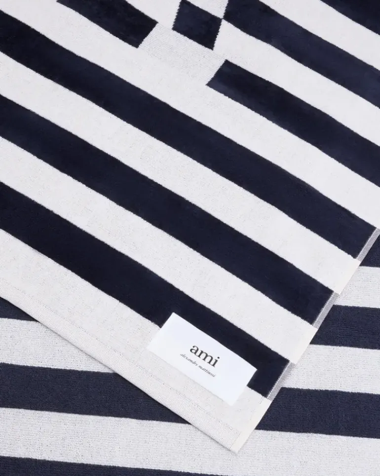 Ami Paris Green Cotton Ami de Coeur Beach Towel WHITE CREAM/NAVY BLUE Clearance