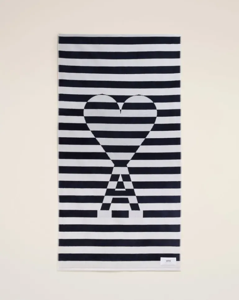 Ami Paris Green Cotton Ami de Coeur Beach Towel WHITE CREAM/NAVY BLUE Clearance