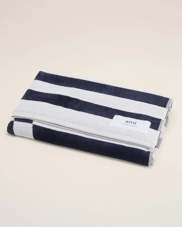 Ami Paris Green Cotton Ami de Coeur Beach Towel WHITE CREAM/NAVY BLUE Clearance