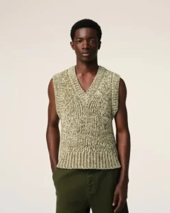 Ami Paris Green Cotton And Wool Sleeveless V Neck Sweater WHITE CREAM/LICHEN Cheap