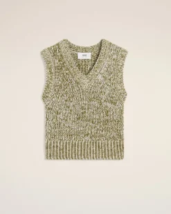 Ami Paris Green Cotton And Wool Sleeveless V Neck Sweater WHITE CREAM/LICHEN Cheap