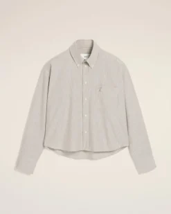 Ami Paris Green Cotton Cropped Oversized Shirt LODEN/WHITE CREAM Discount