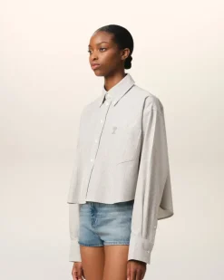Ami Paris Green Cotton Cropped Oversized Shirt LODEN/WHITE CREAM Discount