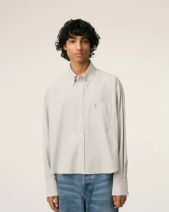 Ami Paris Green Cotton Cropped Oversized Shirt LODEN/WHITE CREAM Discount