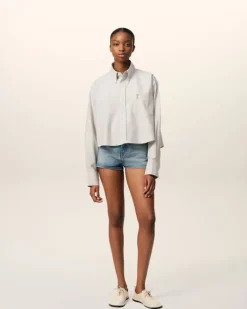 Ami Paris Green Cotton Cropped Oversized Shirt LODEN/WHITE CREAM Discount