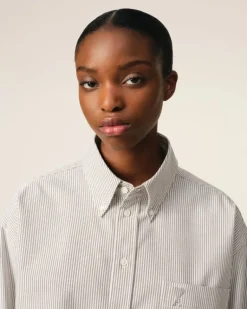 Ami Paris Green Cotton Cropped Oversized Shirt LODEN/WHITE CREAM Discount